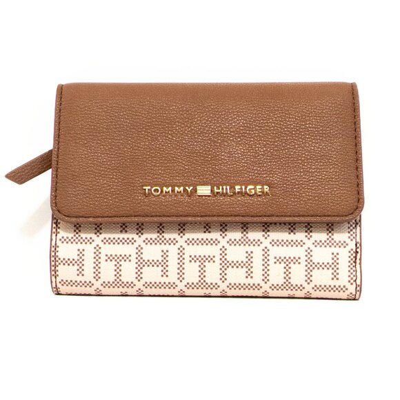 Tommy Hilfiger Brown Tan Cream Monogram Wallet Preppy Classic Zip Faux Leather - Picture 1 of 3